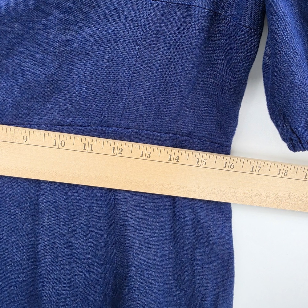 REFORMATION Belgium Linen Midi Dress Navy Blue Side Slit Puff Sleeve Sz 12 - Picture 9 of 16
